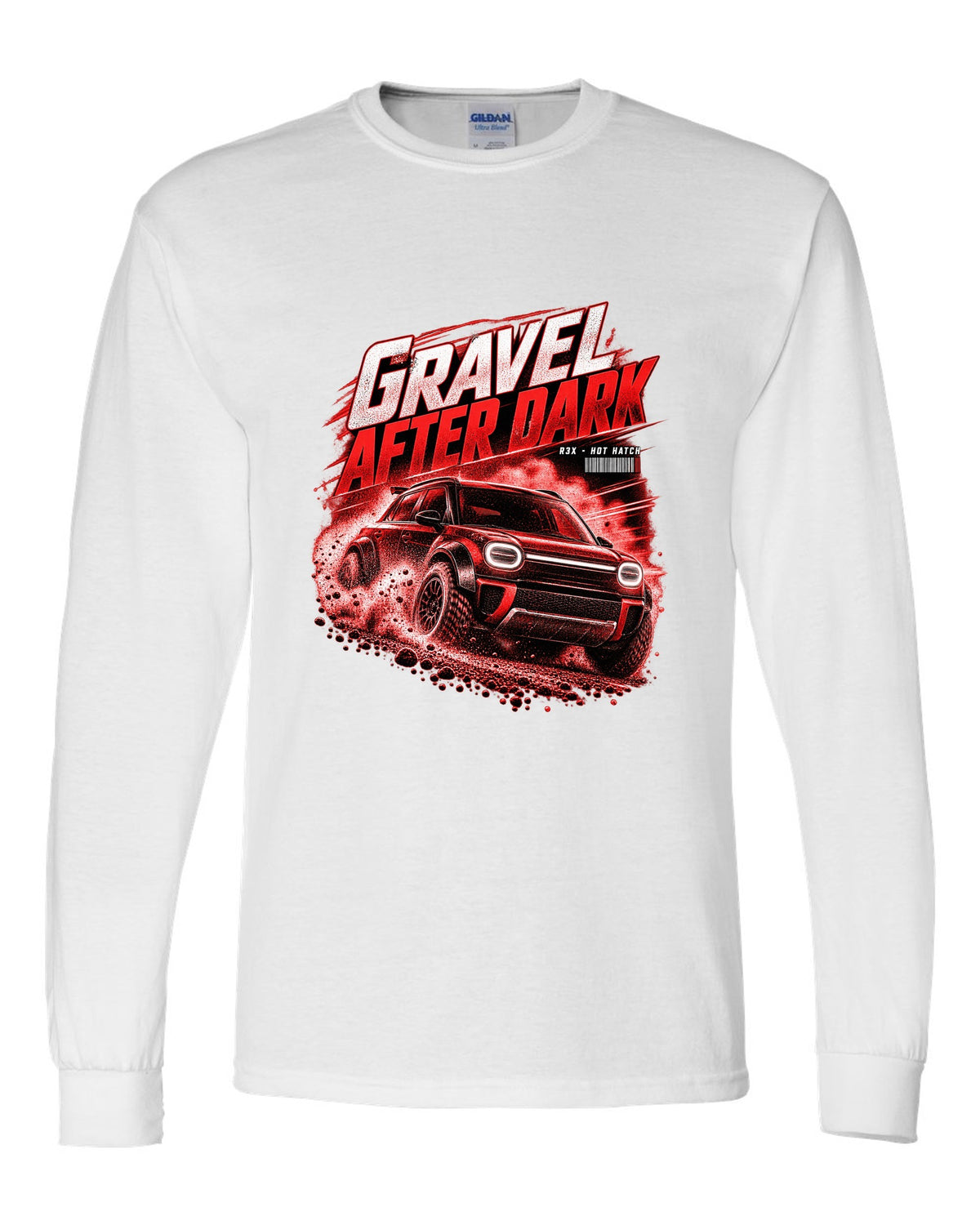 Rivian R3X hot ch with rally flares on a gravel road at night white long sleeve front view with the design