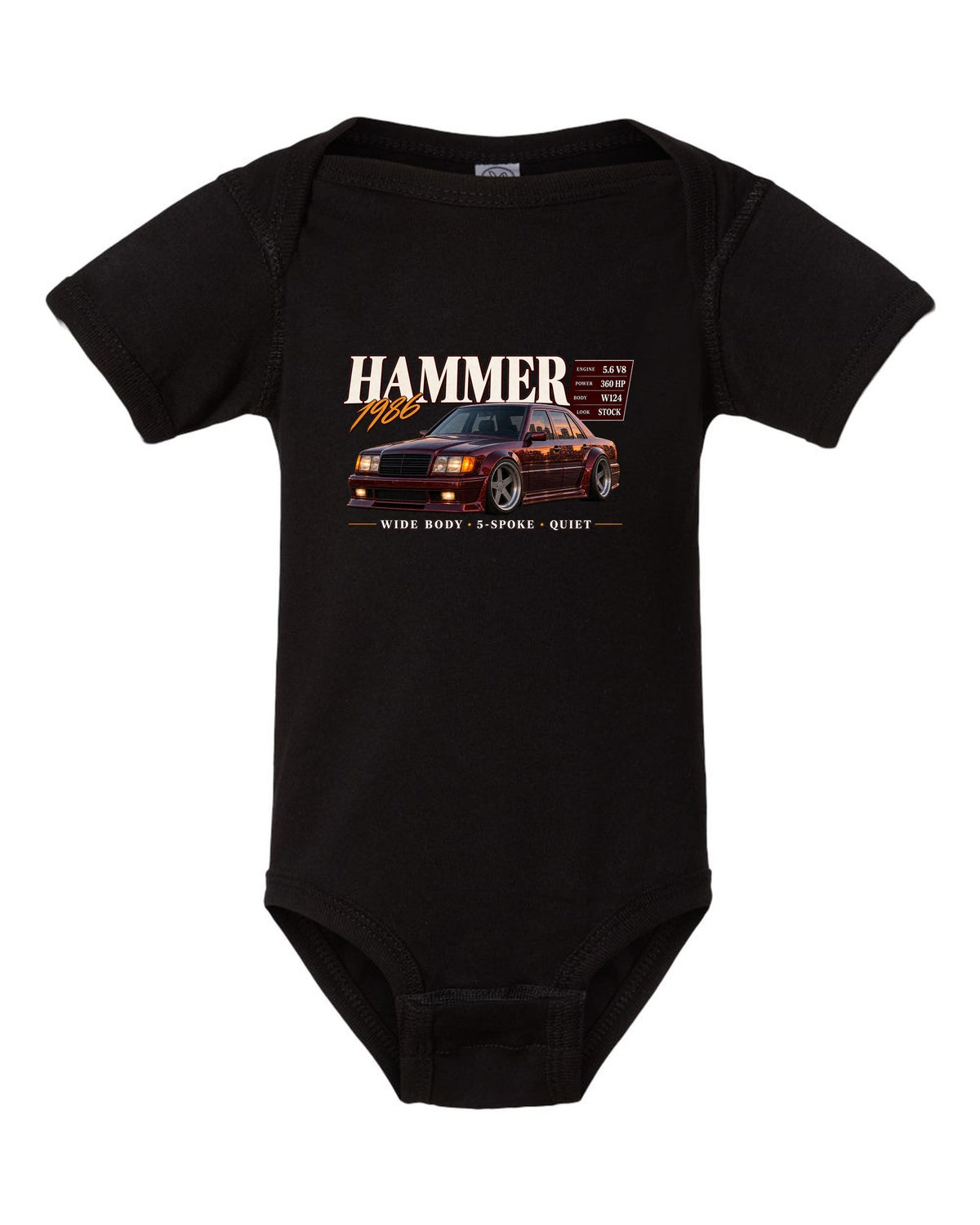 print archive panel of a Mercedes W124 300E 5.6 Hammer with text 5.6 V8 sleeper wide body black baby onesie front view with the design