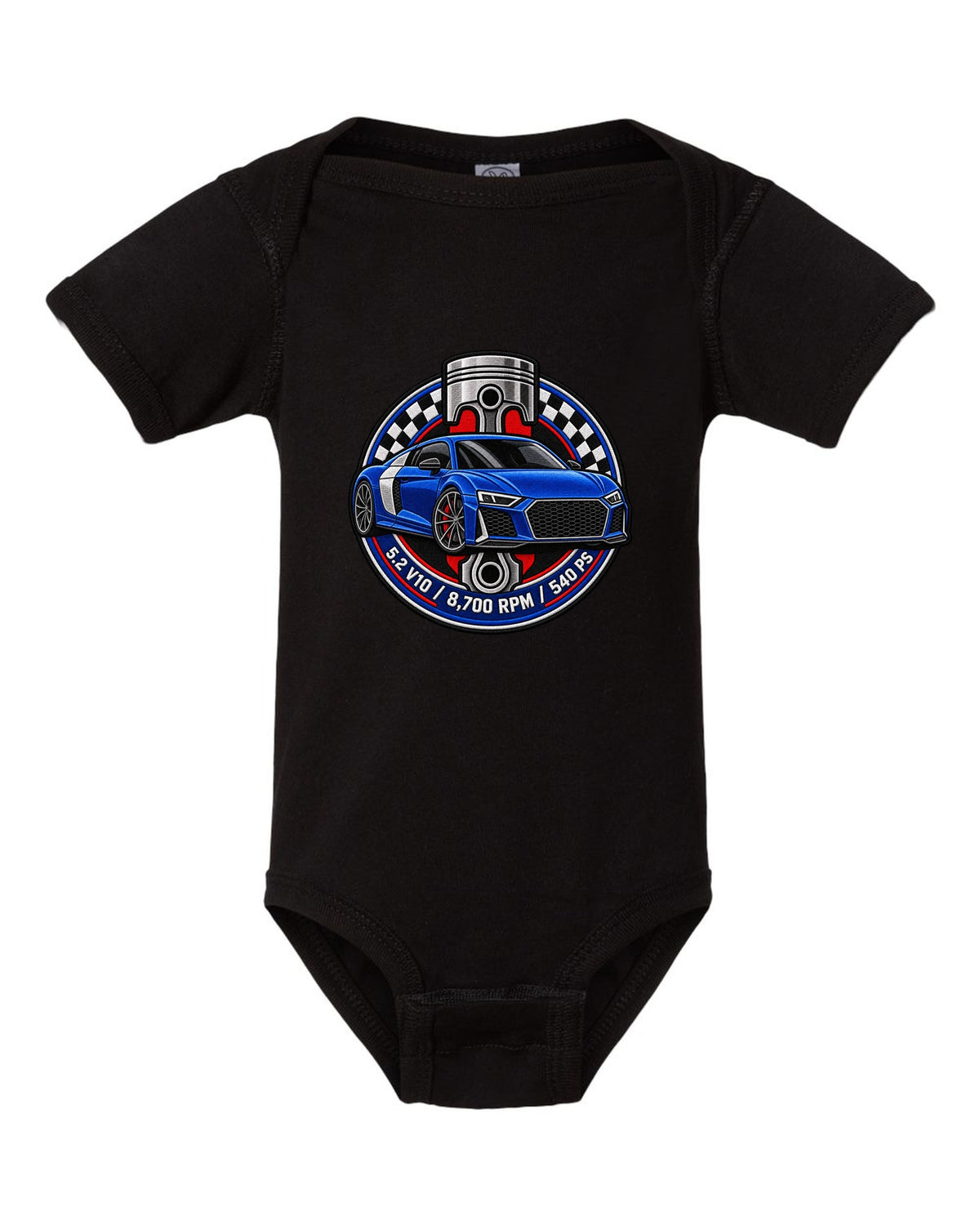 Varsity badge crest print of an Audi R8 4S with 5.2 V10 and 540 PS text black baby onesie front view with the design