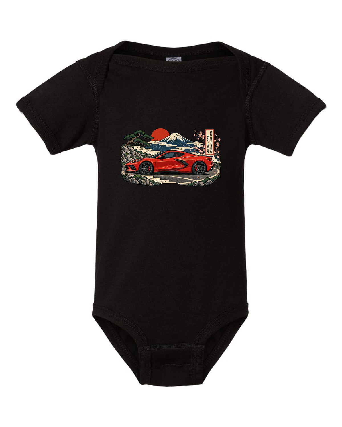 Synthwave sunset grid design with a 2020 C8 Corvette Stingray seen from the rear three-quarter black baby onesie front view with the design
