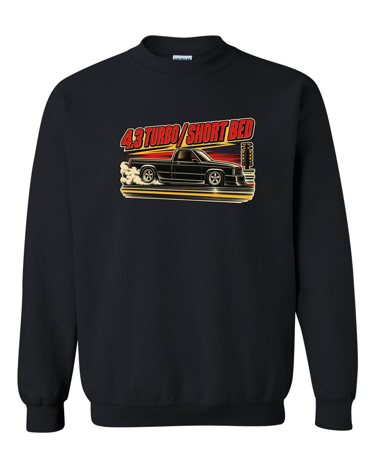 1960s lithograph drag race poster featuring a 1991 GMC Syclone with 4.3 TURBO / SHORT BED text black crewneck front view with the design