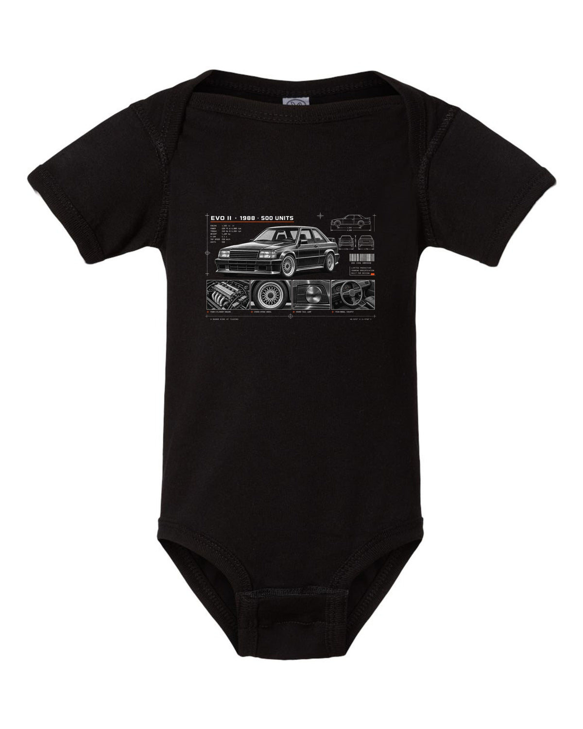 BMW E30 M3 Evo II 1988 dossier panel print with 500 units text black baby onesie front view with the design