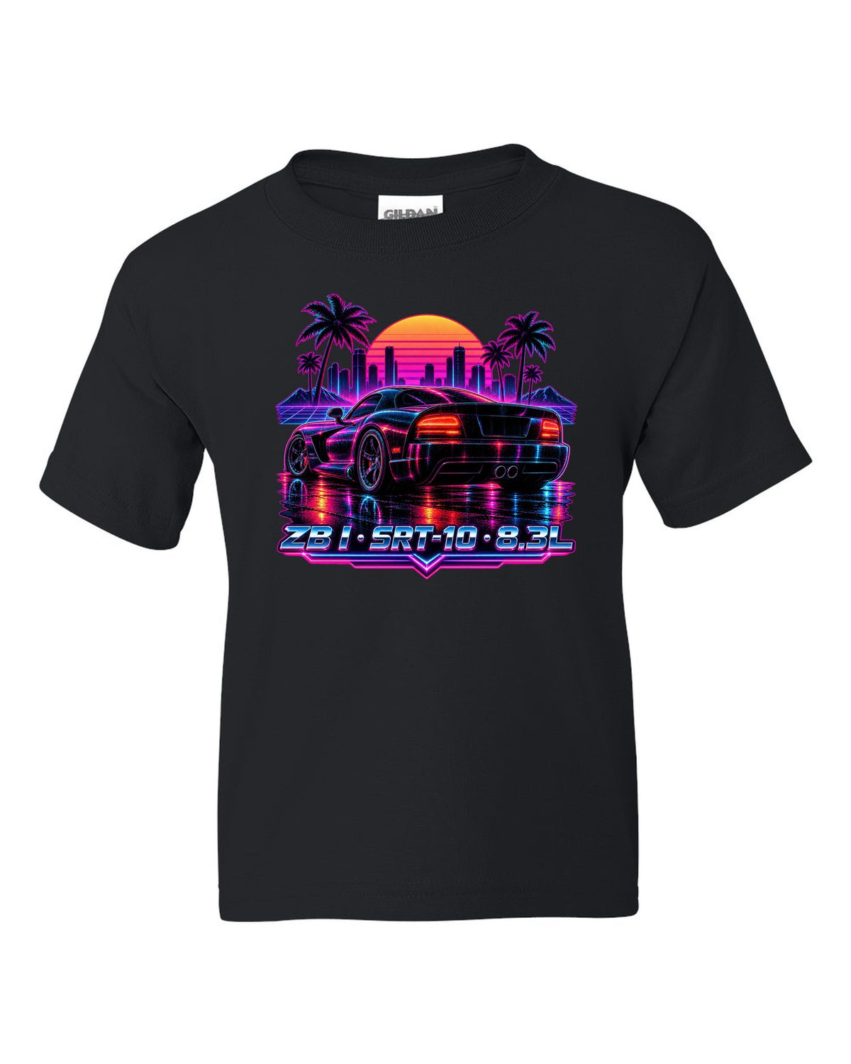 Synthwave neon rain street print of a 2005 Dodge Viper SRT-10 ZB I tail black kids tee front view with the design