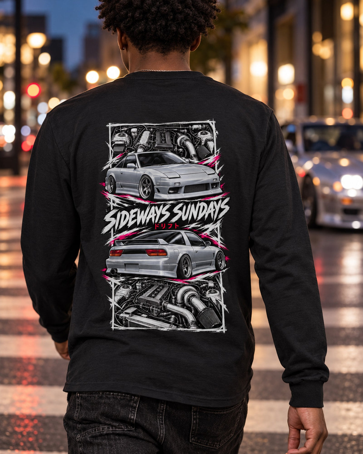 Nissan 180Sx S13 Torn Poster Full-Back Graphic Tee Long Sleeve Black worn hero