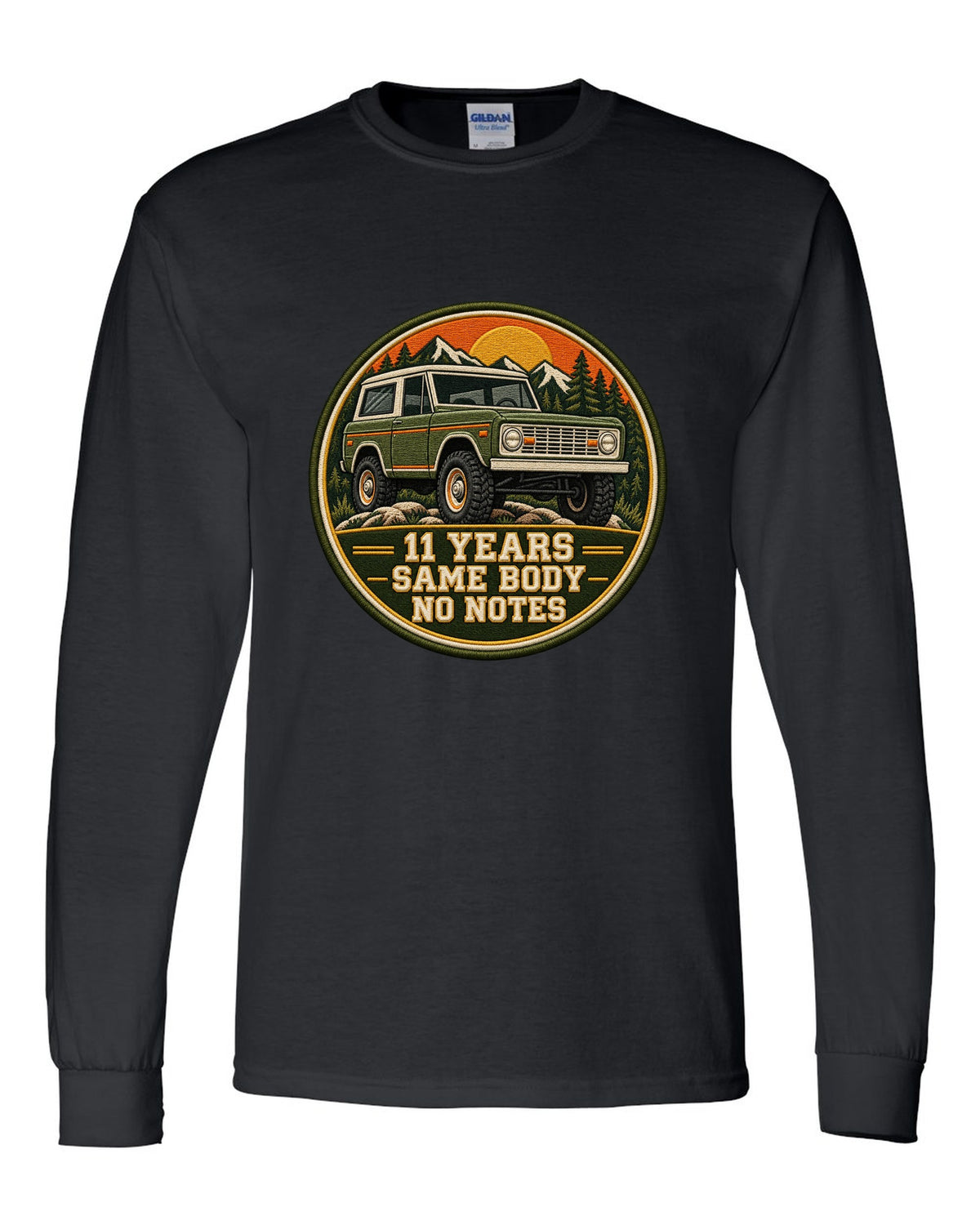 Varsity crest print for a 1966-77 Ford Bronco U15 wagon with 11 years same body text black long sleeve front view with the design