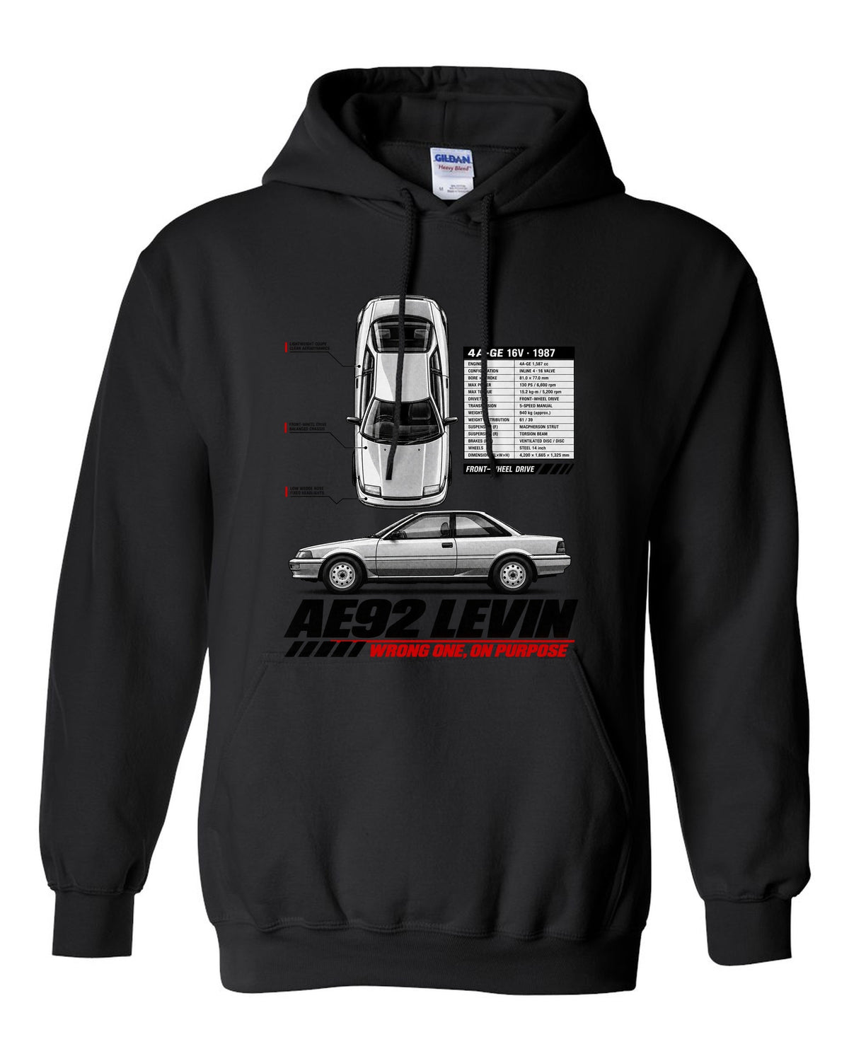 Spec poster print of a Toyota Corolla Levin AE92 with 4A-GE 16V and front-wheel drive text black pull over hoodie front view with the design