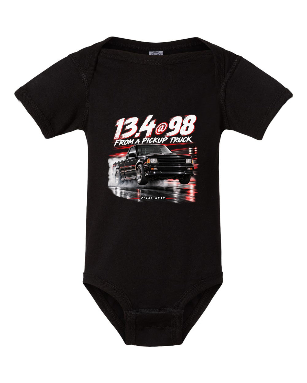 1991 GMC Syclone quarter mile race poster print black baby onesie front view with the design