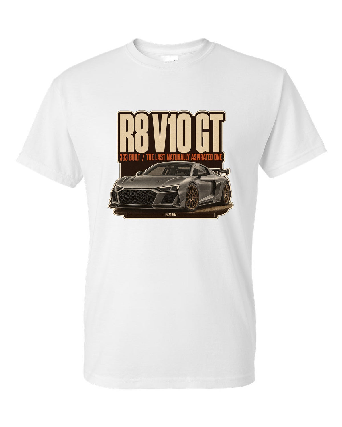 Audi R8 V10 GT RWD final edition editorial headline print design white t-shirt front view with the design