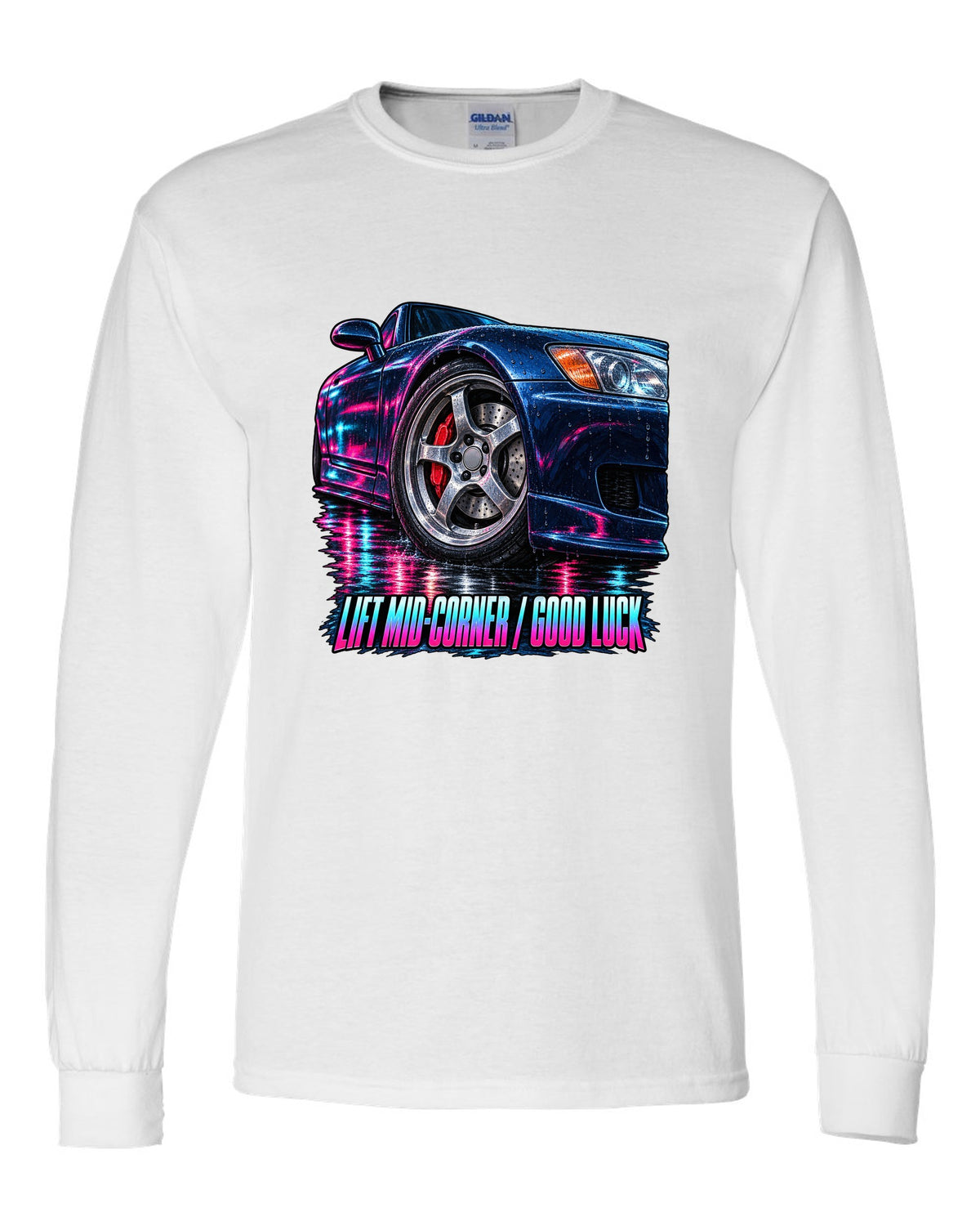 Cinematic macro painting print of a Honda S2000 AP1 cornering with lift mid-corner good luck text white long sleeve front view with the design