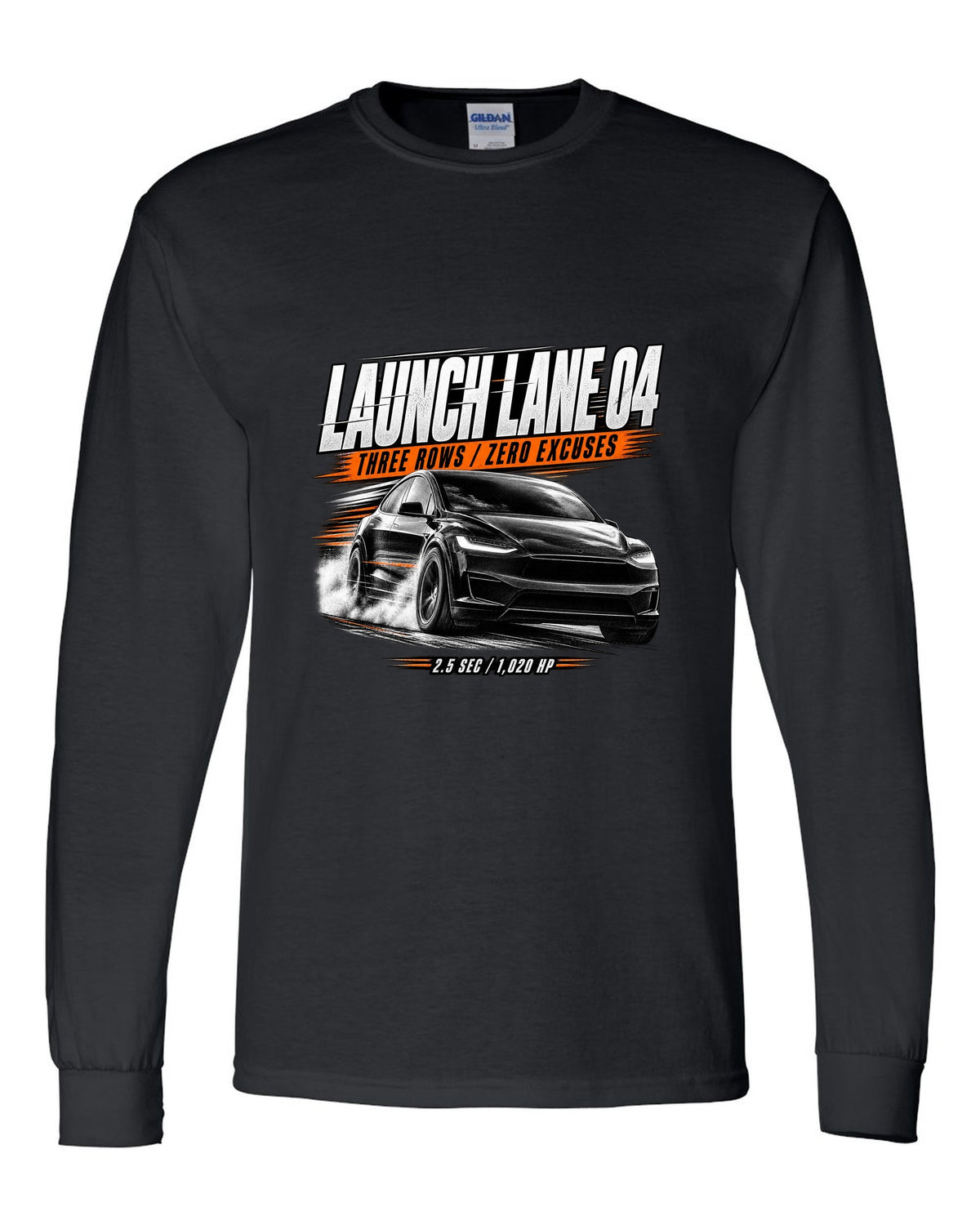 Tesla Model X Plaid front three-quarter launching in a race poster reading Launch Lane 04 black long sleeve front view with the design
