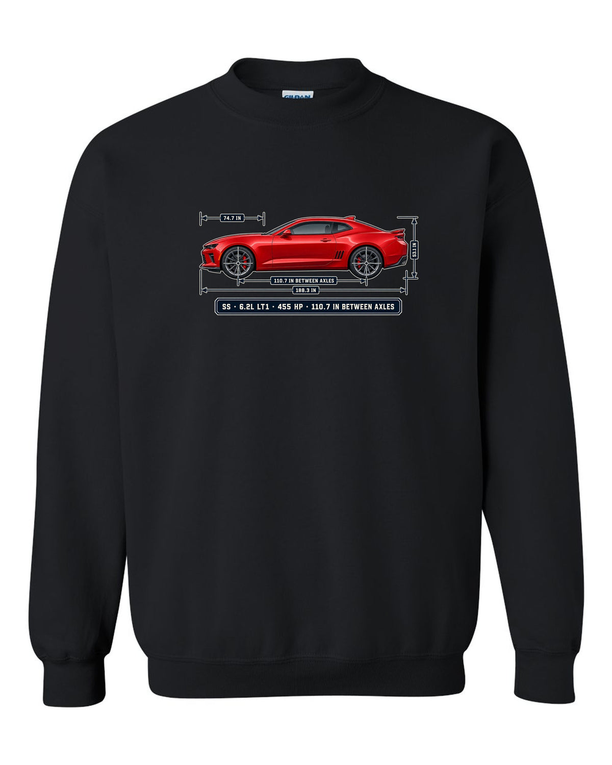 Dimension blueprint print of a 6th generation Chevrolet Camaro SS coupe black crewneck front view with the design