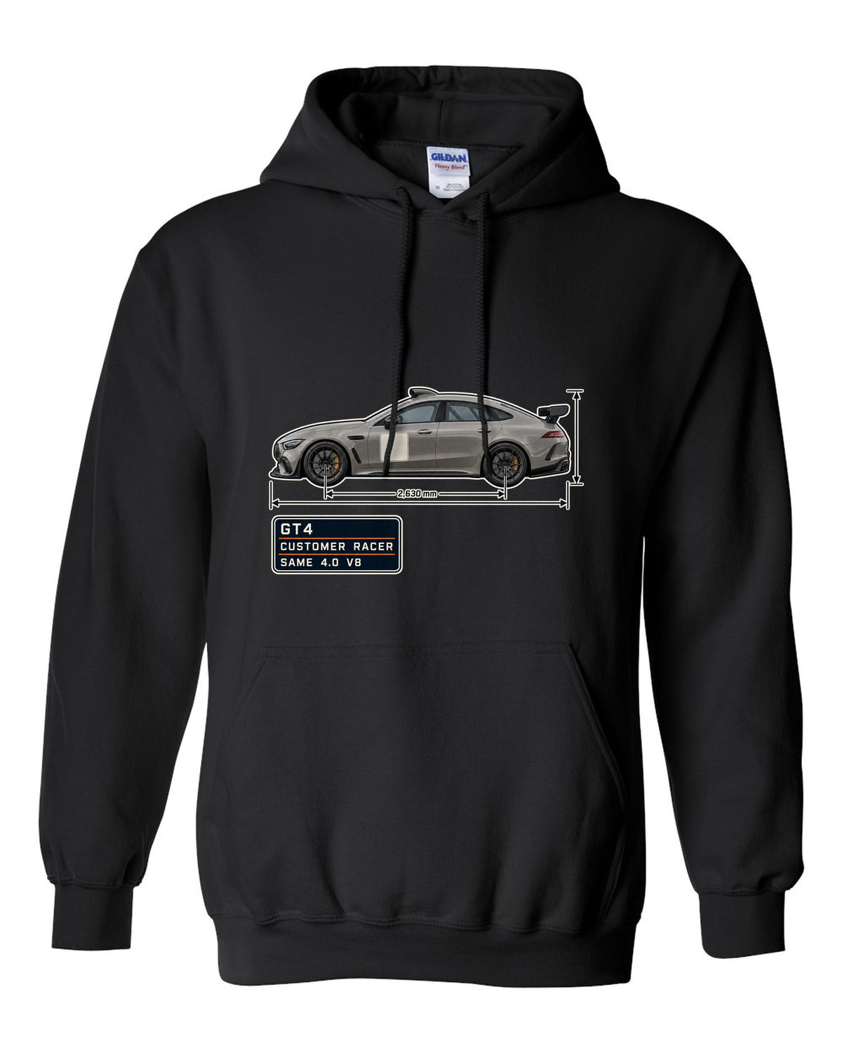 Mercedes-AMG GT4 unliveried spec poster print black pull over hoodie front view with the design