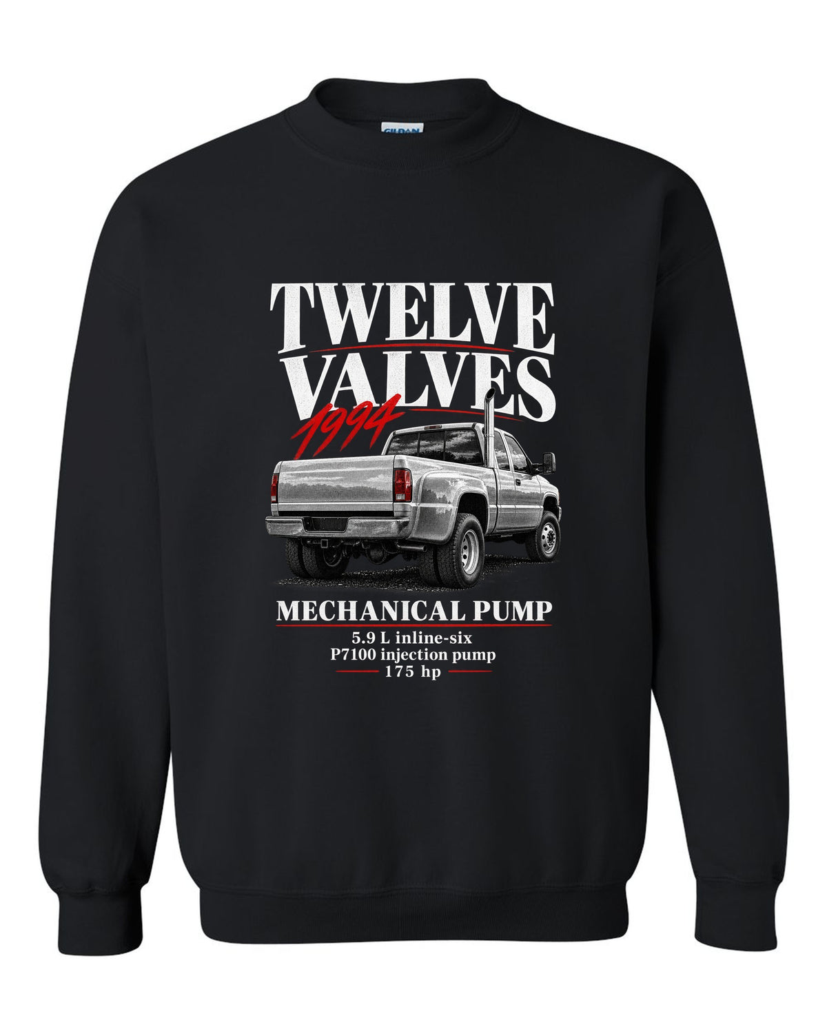 Editorial print of a 1994-98 Dodge Ram 2500 2nd gen 12-valve in a rear three-quarter view black crewneck front view with the design