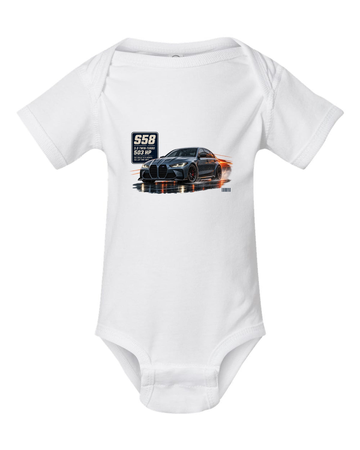 print of a BMW M3 Competition G80 on a night touge road in blue-grey white baby onesie front view with the design