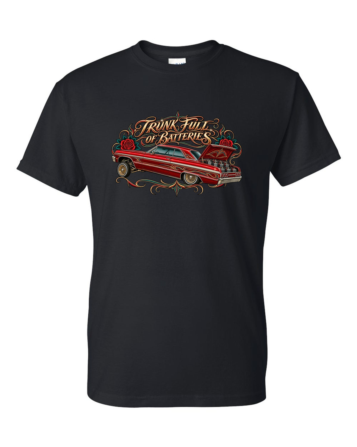 Lowrider airbrush flash illustration of a 1964 Chevrolet Impala SS with pinstripe scrolls and roses black t-shirt front view with the design