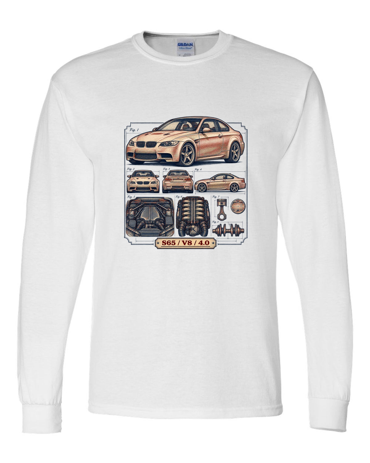 Blueprint patent line drawing of a BMW E92 M3 coupe with S65 V8 4.0 text white long sleeve front view with the design