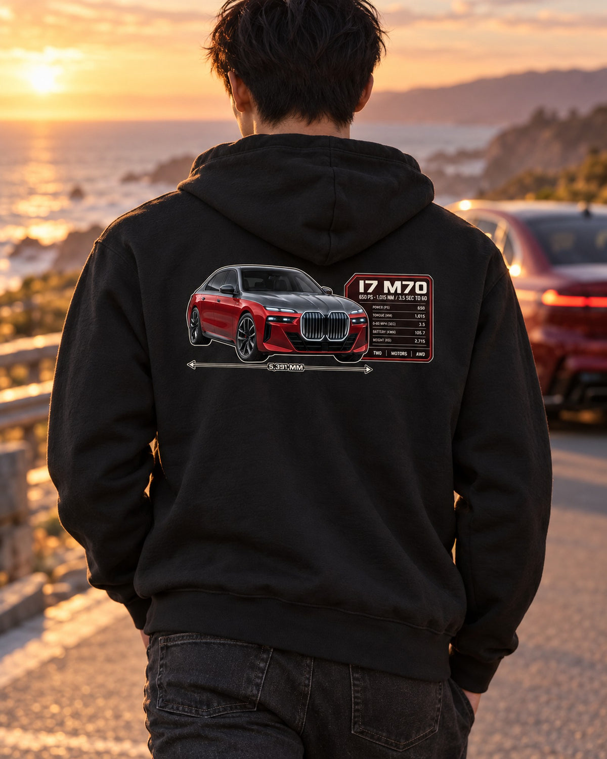 BMW i7 M70 xDrive G70 Spec Poster Shirt, 650 PS Print Zip Hoodie Black worn hero