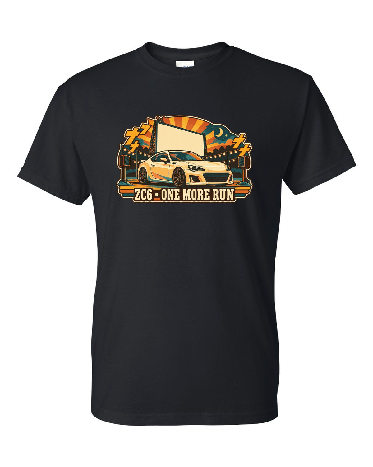 Subaru BRZ ZC6 in a retro Japanese showa catalogue ad style, ZC6 / ONE MORE RUN black t-shirt front view with the design