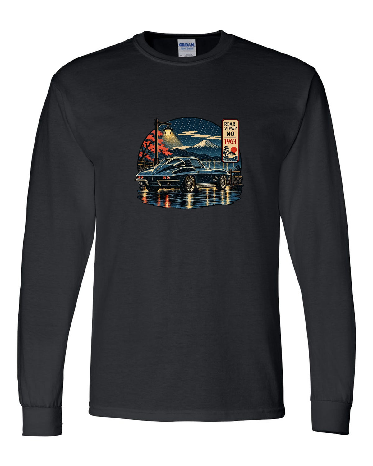 Ukiyo-e woodblock style print of a 1963 Chevrolet Corvette C2 Sting Ray coupe on a rainy night black long sleeve front view with the design