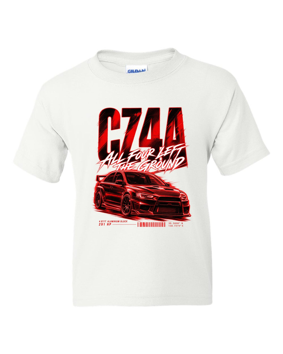 Mitsubishi Lancer Evolution X CZ4A street poster print with 4B11T and 291 HP text white kids tee front view with the design