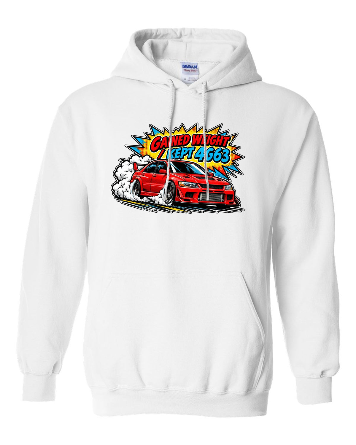Comic halftone pop-art launch print of the Mitsubishi Evo VII CT9A with gained weight kept 4G63 text white pull over hoodie front view with the design