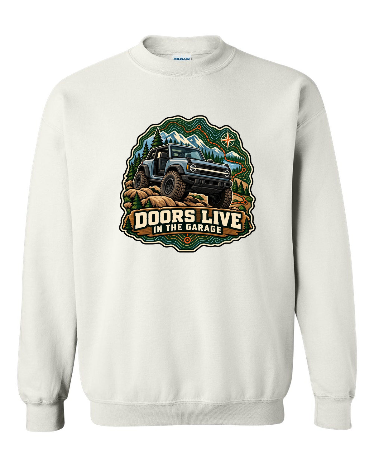 Ford Bronco U725 two-door on a topographic trail route map print white crewneck front view with the design