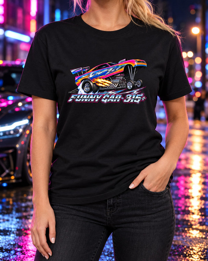 Funny Car Launch Chrome Shirt, 80s Airbrush Drag Racing Tee T-Shirt Black worn hero