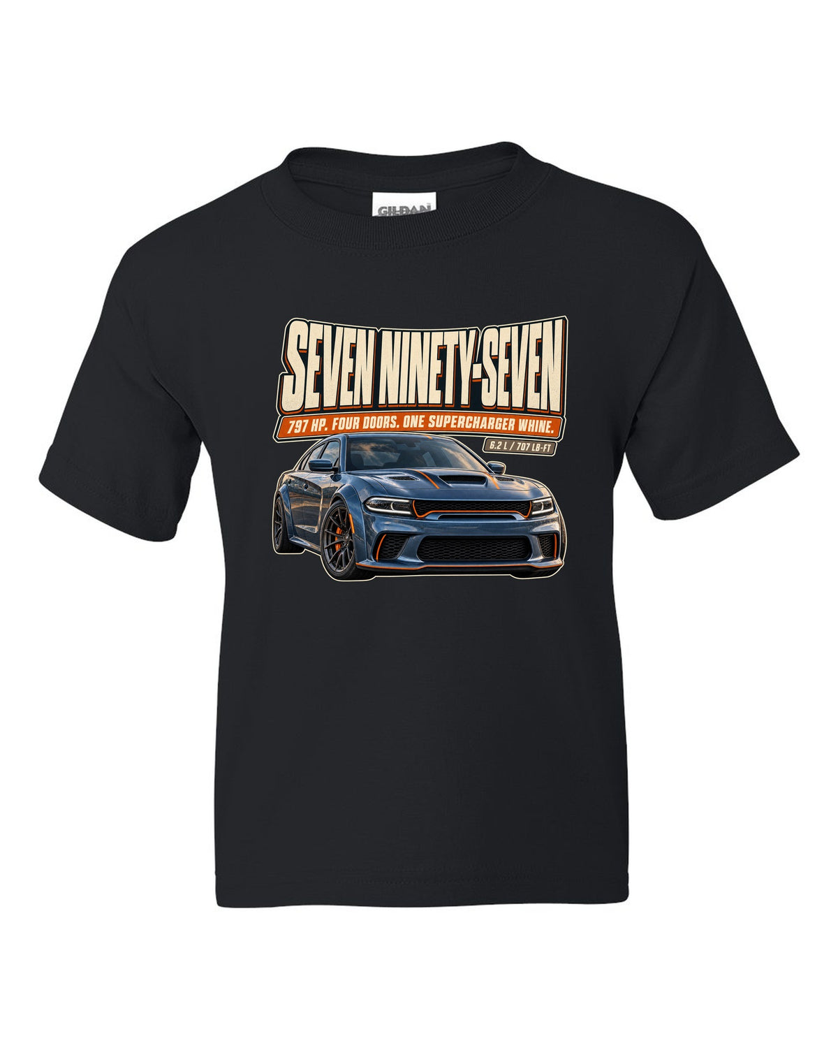 Dodge Charger SRT Hellcat Redeye Widebody editorial headline print black kids tee front view with the design