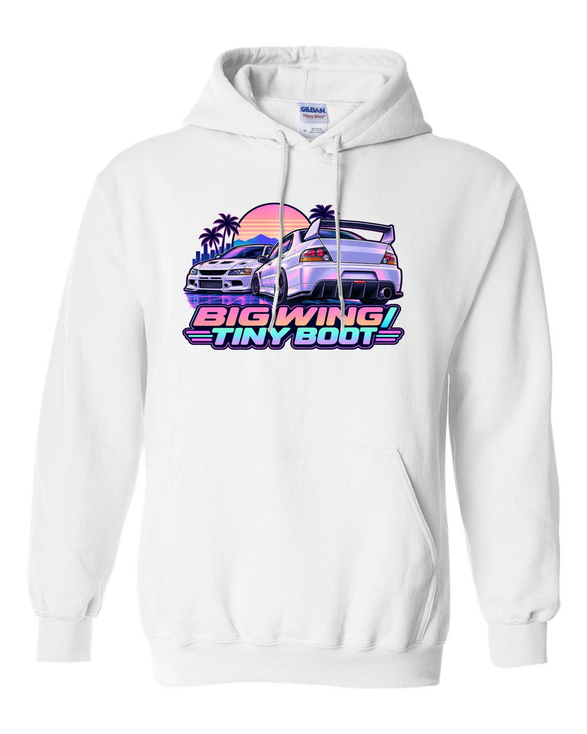 Vaporwave pastel print of the Mitsubishi Evo IX CT9A with big wing tiny boot text white pull over hoodie front view with the design