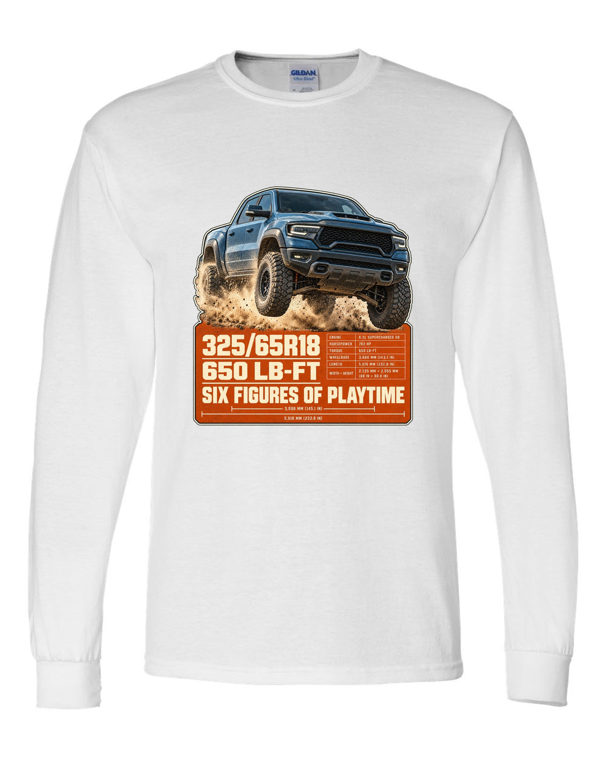 Ram 1500 TRX spec poster with tyre size and torque print white long sleeve front view with the design