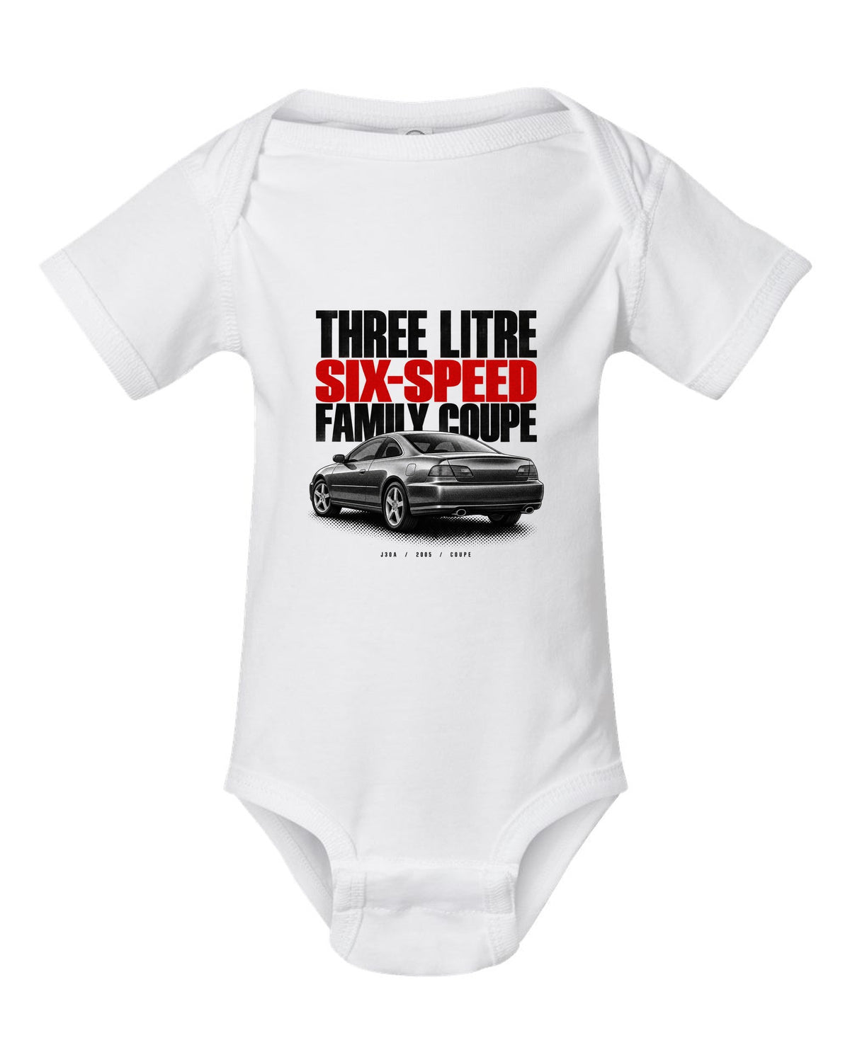 Halftone print for the 2005 Honda Accord V6 coupe reading three litre, six-speed, family coupe white baby onesie front view with the design