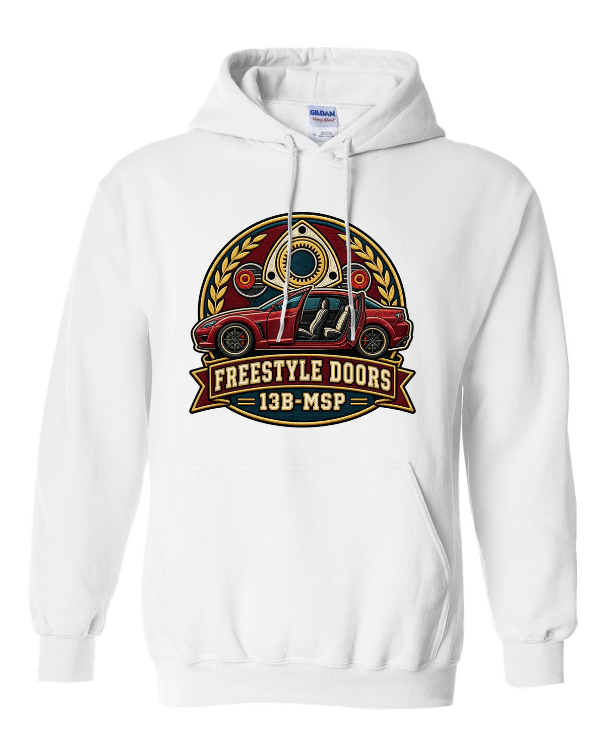 Varsity-style crest of a Mazda RX-8 SE3P with freestyle doors and 13B-MSP text white pull over hoodie front view with the design
