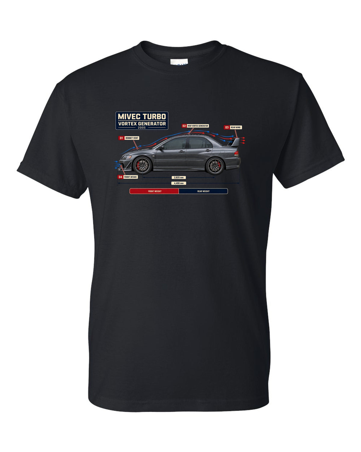 Lancer Evolution IX Aero Callout Diagram Tee, MIVEC Turbo black t-shirt front view with the design