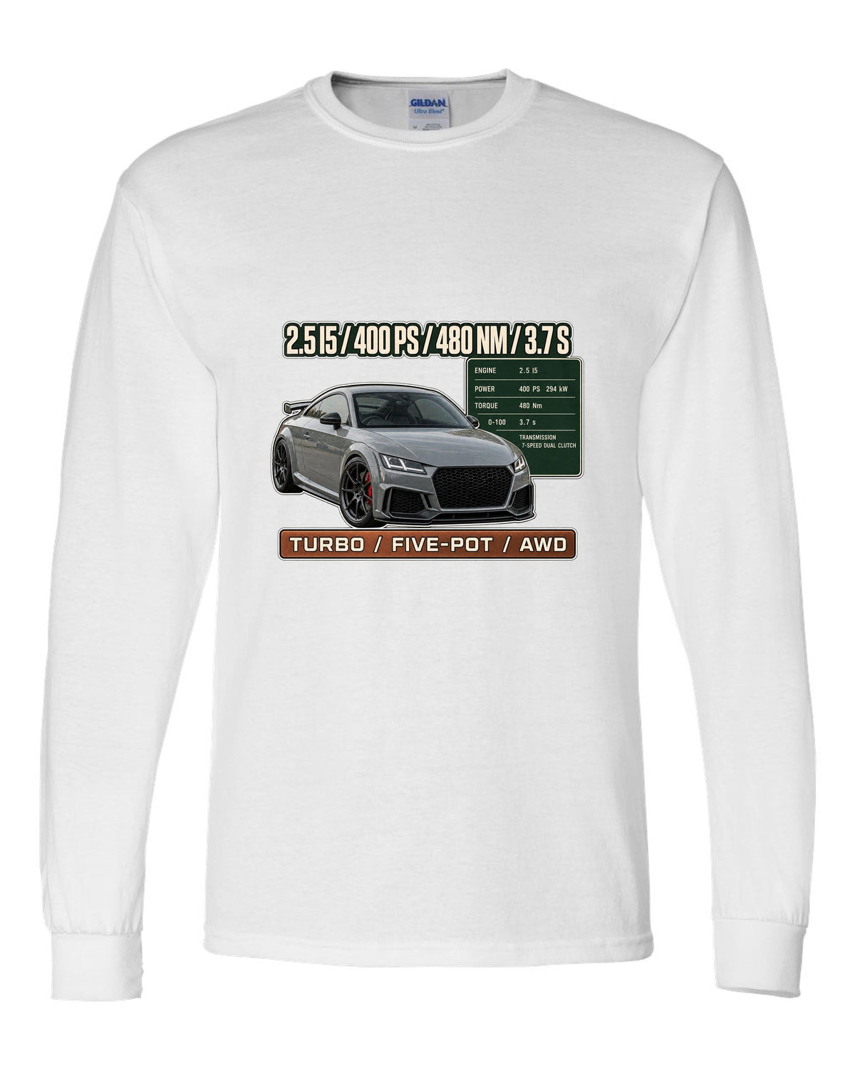 Audi TT RS 8S coupe spec poster print with 400 PS and 480 Nm white long sleeve front view with the design