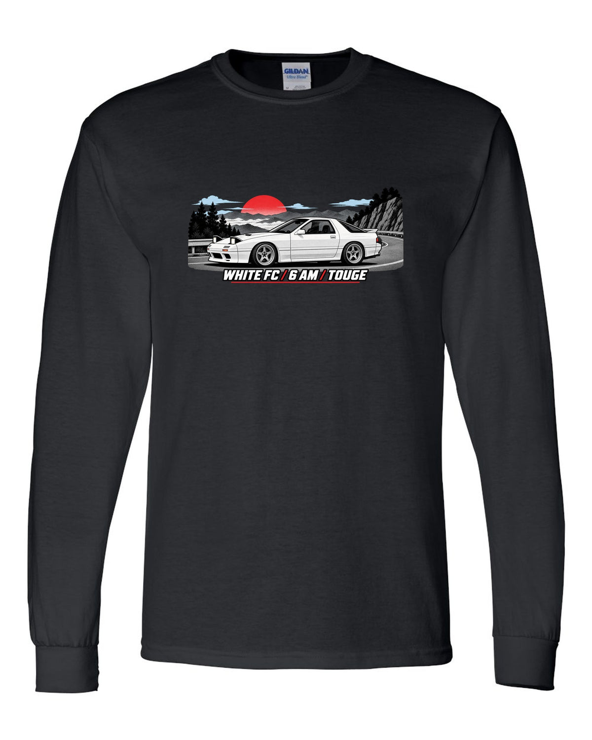 Pixel art print of a Mazda RX-7 SA22C with the text Compression, W's T black long sleeve front view with the design