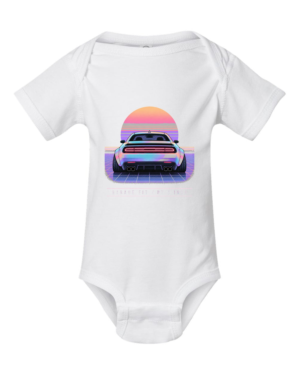Vaporwave pastel print of a 2021 Dodge Challenger Scat Pack Widebody with garage fit text white baby onesie front view with the design