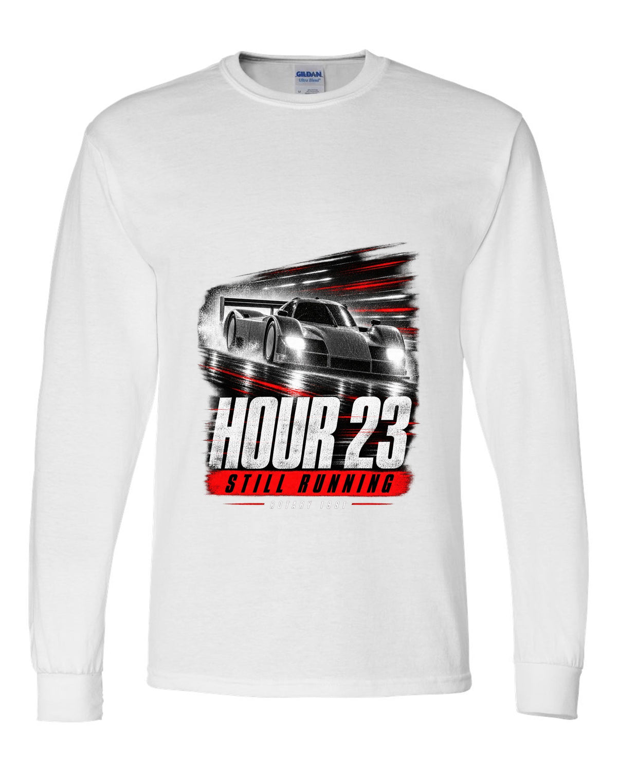 Cropped Mazda 787B race poster reading hour 23 still running rotary 1991 white long sleeve front view with the design