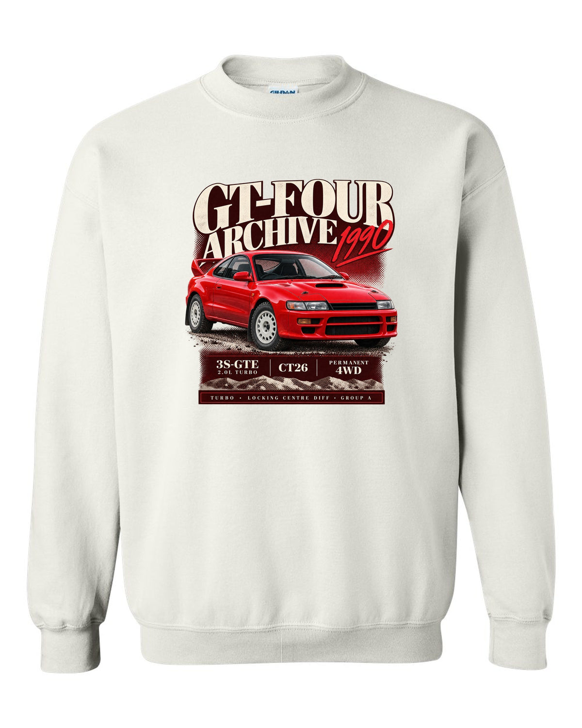 Archive panel print of a Toyota Celica GT-Four ST185 with 3S-GTE, CT26 and Group A text white crewneck front view with the design