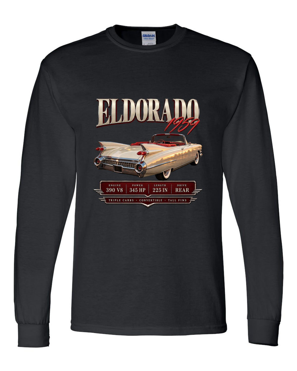 print archive panel of a 1959 Cadillac Eldorado Biarritz convertible with 390 V8 lettering black long sleeve front view with the design