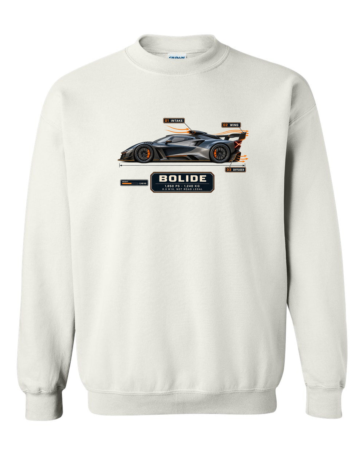 Aero callout cutaway of the Bugatti Bolide track concept, print white crewneck front view with the design