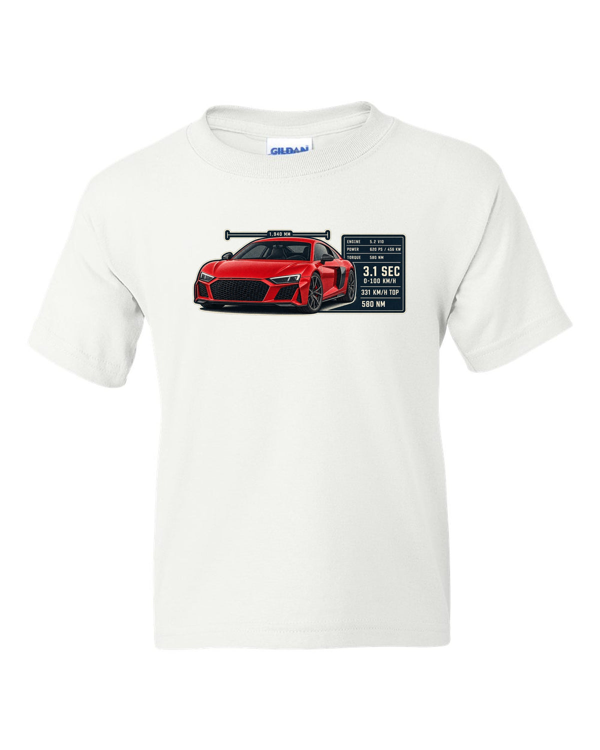 Audi R8 V10 performance coupe spec poster print design white kids tee front view with the design