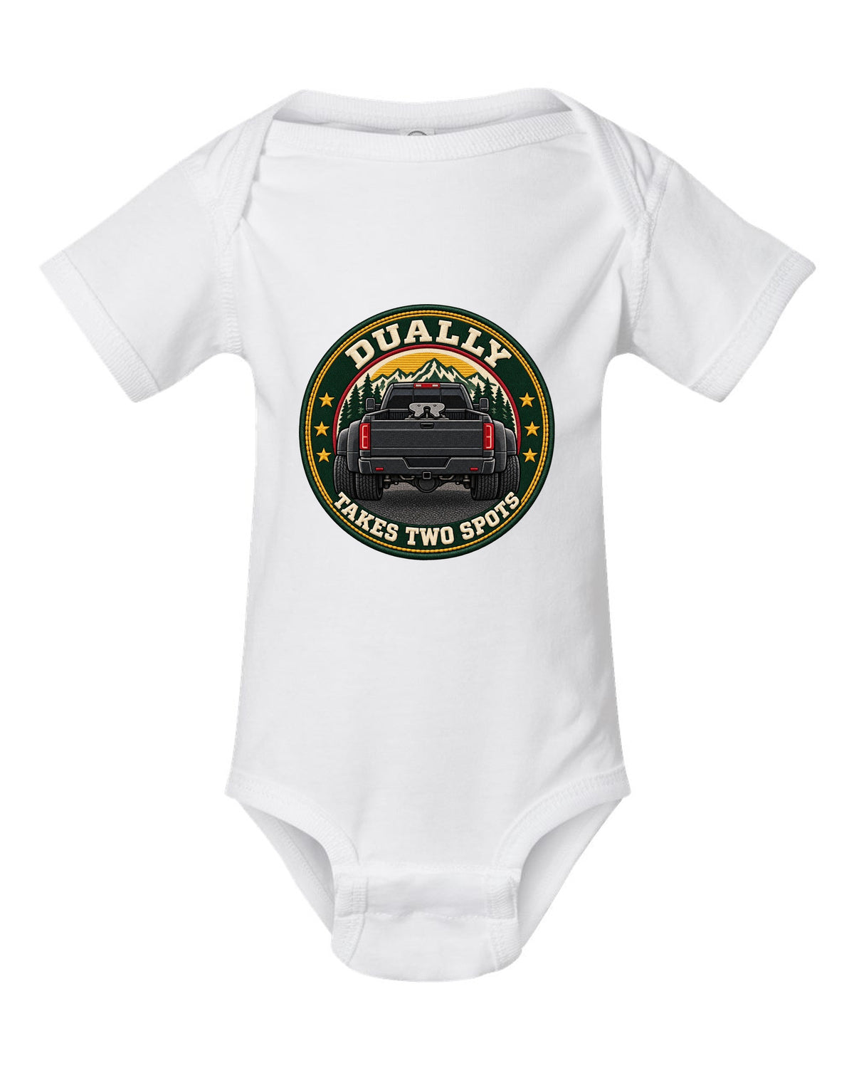 Varsity crest print for a 2019-2024 Ram HD 3500 dually with fifth wheel and takes two spots text white baby onesie front view with the design