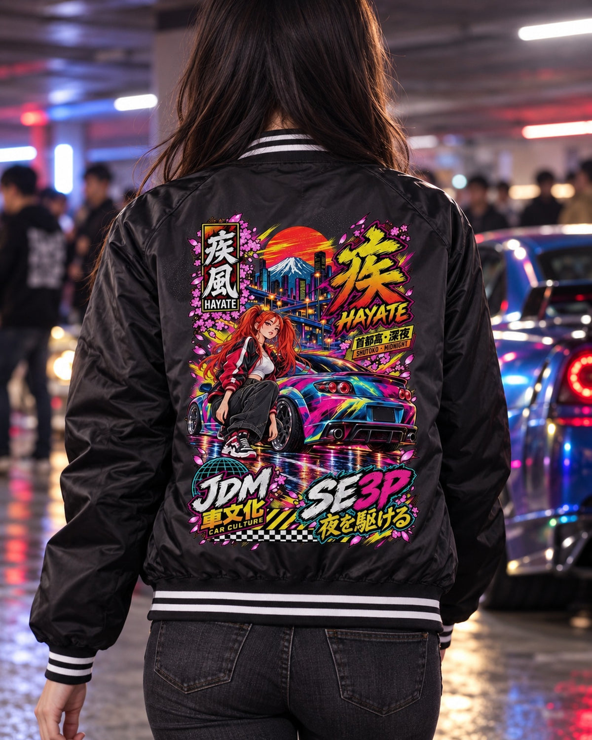 HAYATE SE3P Anime Girl Full-Back Graphic Tee Bomber Jacket Black worn hero