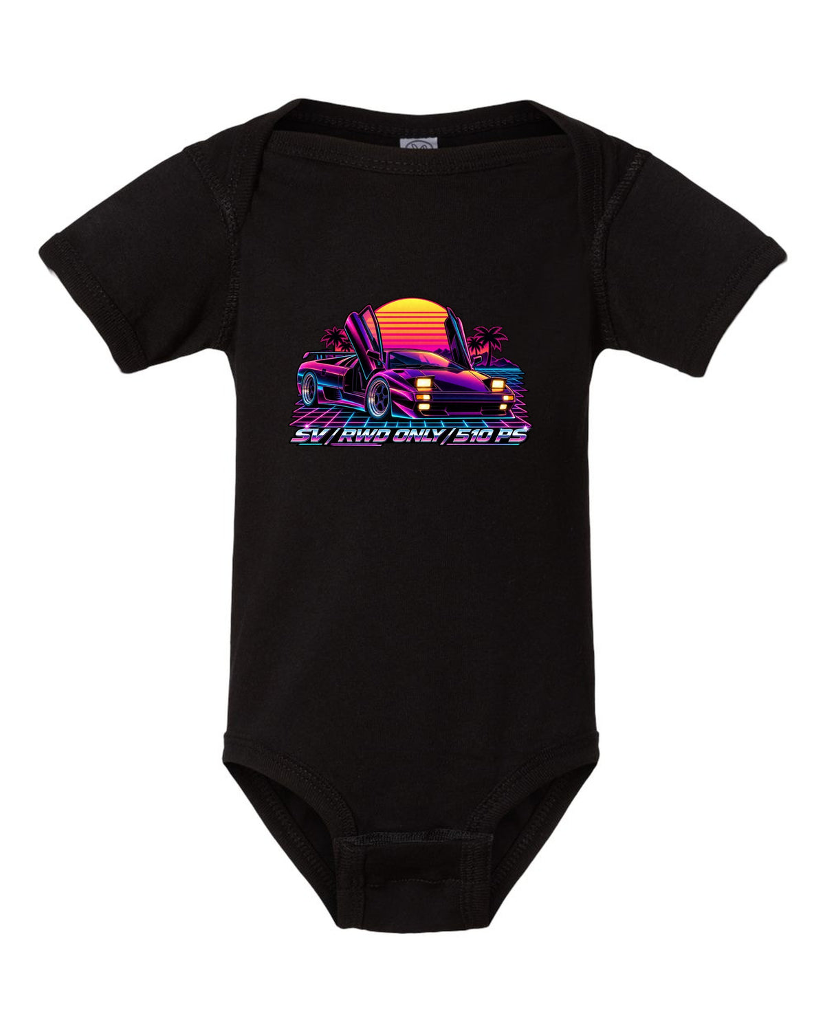 Synthwave outrun style Lamborghini Diablo SV with RWD only and 510 PS lettering black baby onesie front view with the design