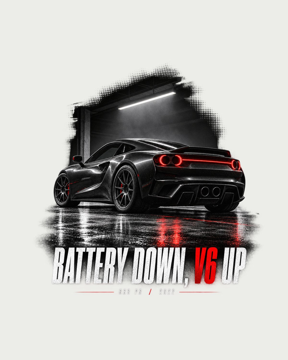 Ferrari 296 GTB Battery Down V6 Up Garage Night Tee design only