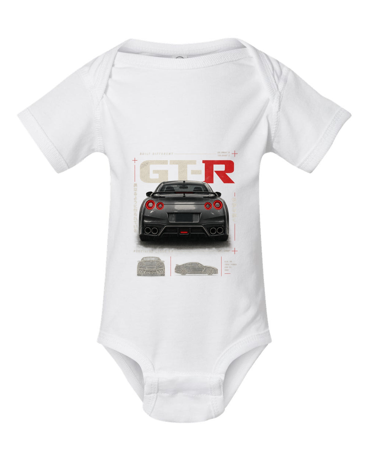 Toyota GR Supra A90 dimension blueprint in warm graphite grey with B58 spec callouts white baby onesie front view with the design