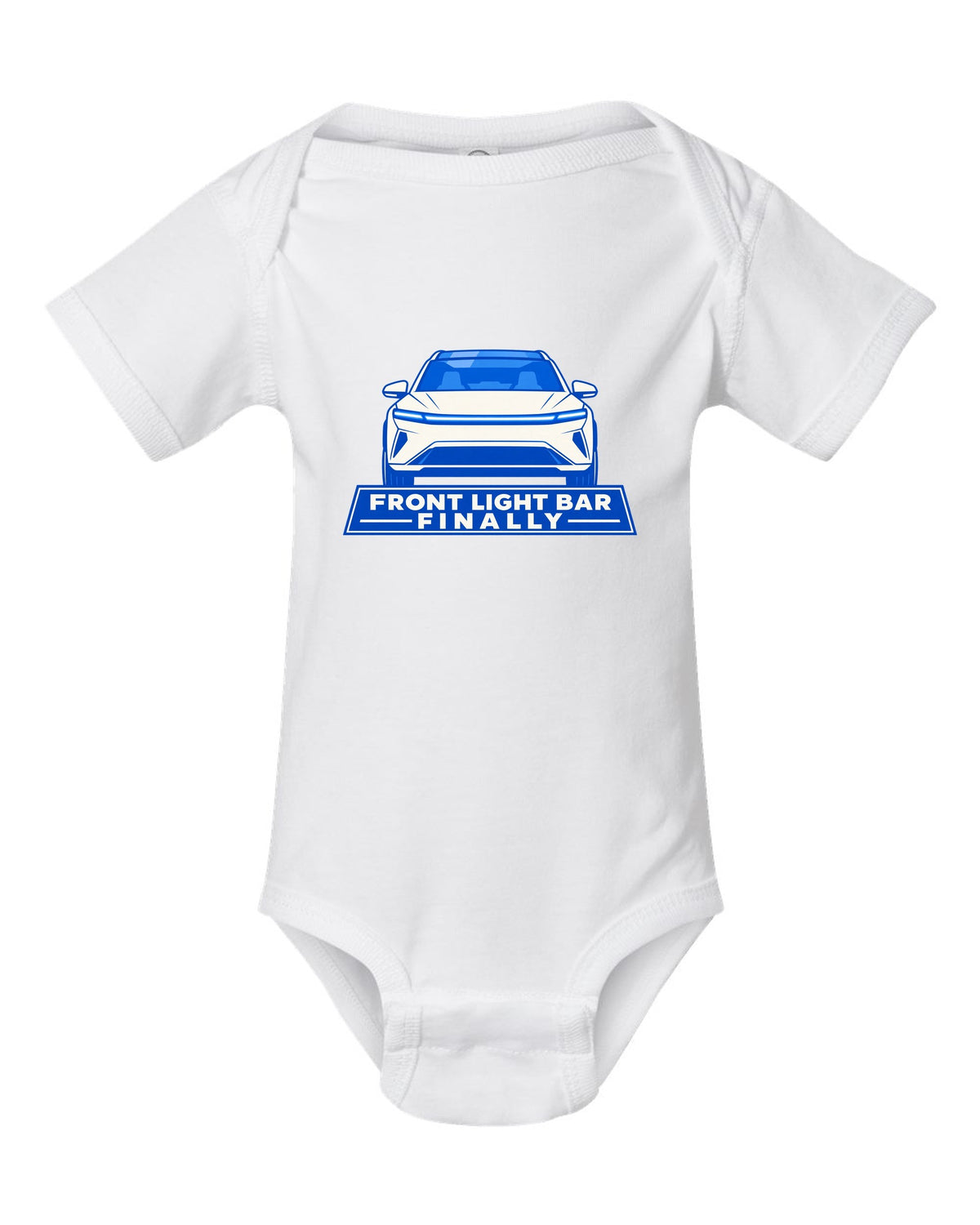 Minimal geometric flat vector print of a Tesla Model Y Juniper with the text Front Light Bar Finally white baby onesie front view with the design
