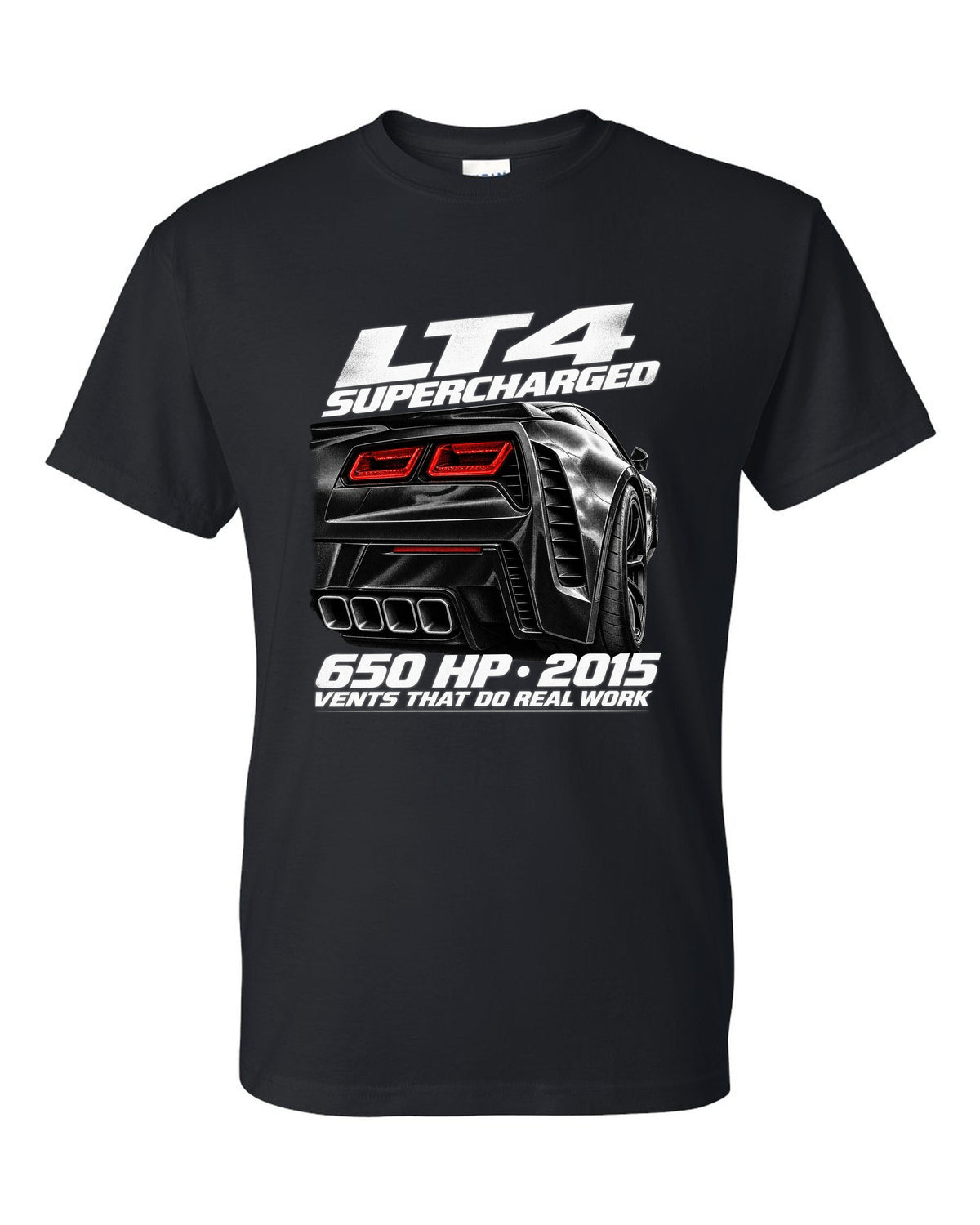 Corvette C7 Z06 rear vents close-up with LT4 650 HP text black t-shirt front view with the design