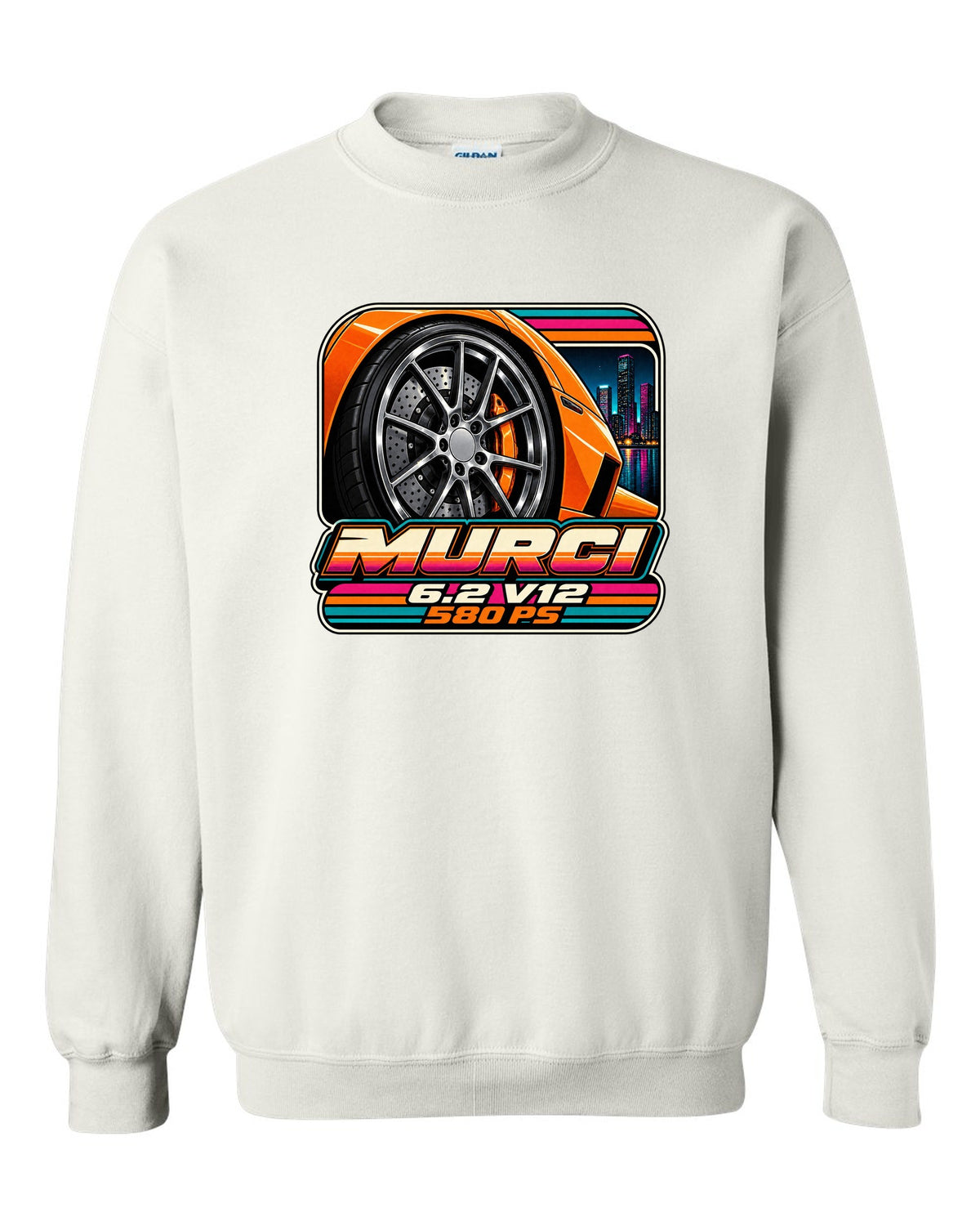 Cassette tape packaging style print of a 2001 Lamborghini Murcielago wheel with 6.2 V12 and 580 PS white crewneck front view with the design