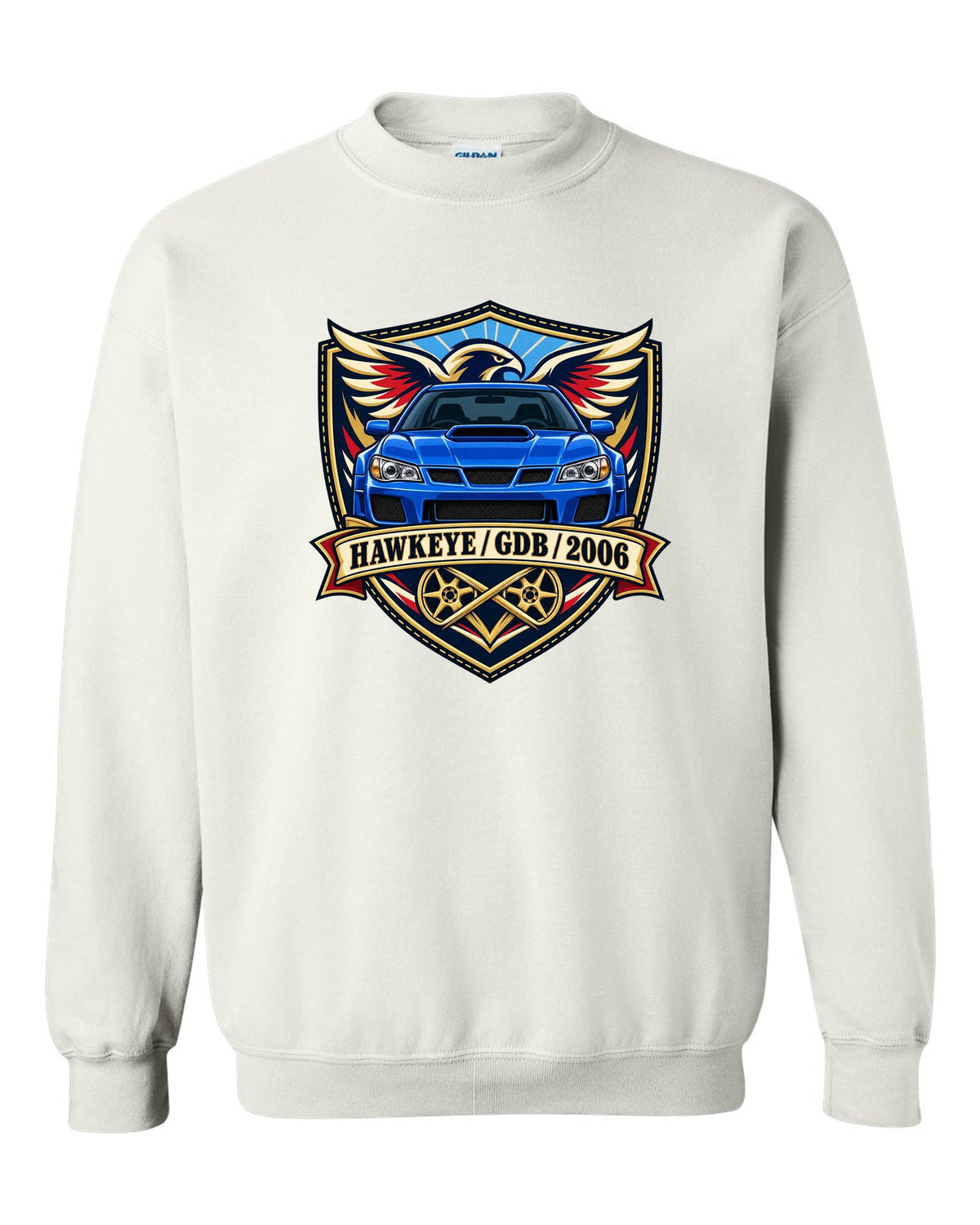 Subaru Impreza WRX STI GDB Hawkeye varsity crest print reading HAWKEYE / GDB / 2006 white crewneck front view with the design